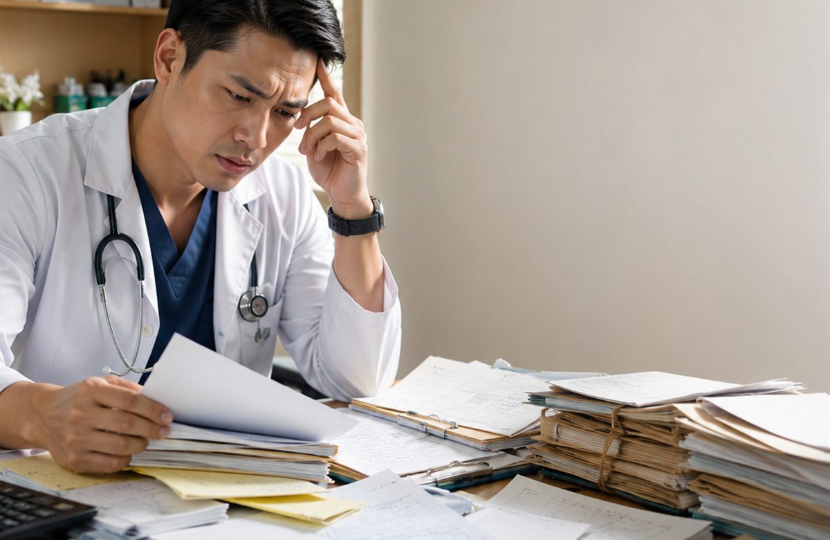 Doctor reviewing manual clinic records